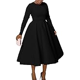 LAJIOJIO Women's Vintage Cocktail Dresses,Elegant Round Neck Long Sleeve Church Evening Dress with Pockets