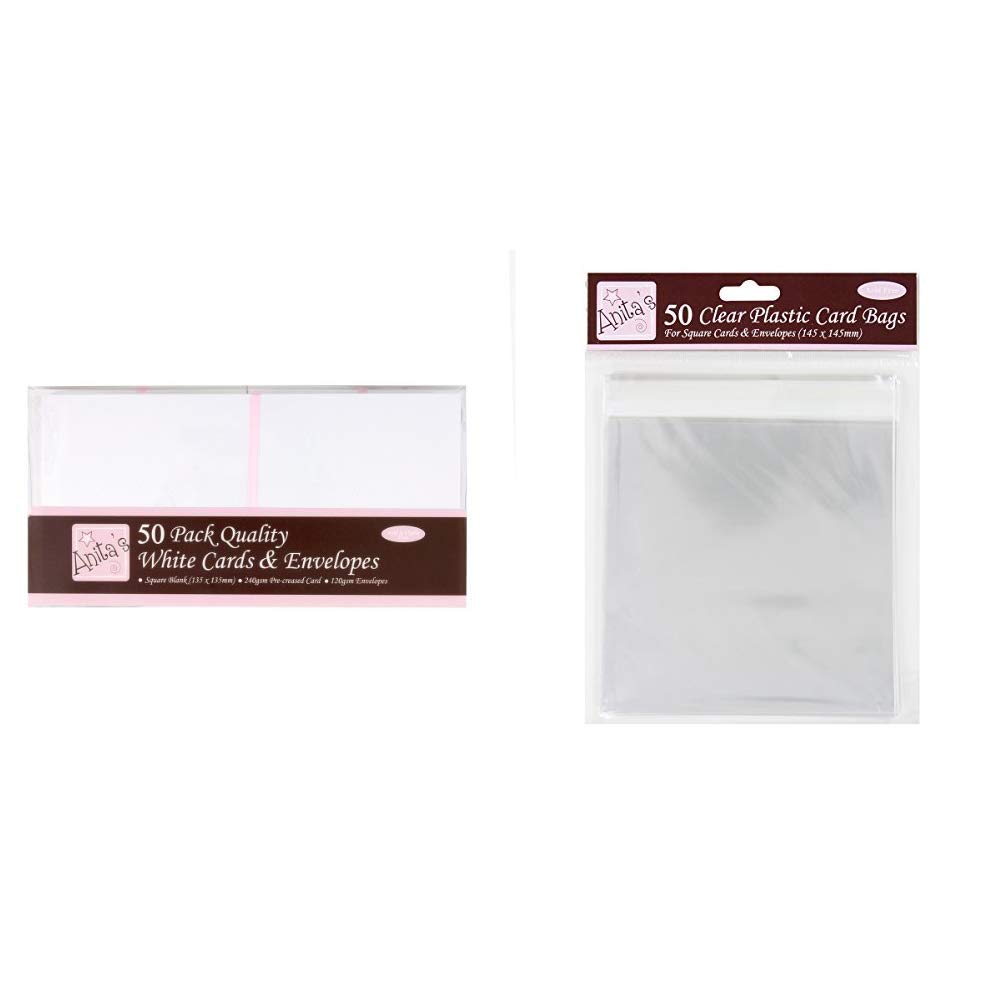Anita's Square Card and Envelope, Pack of 50, White &Anitas Square Plastic Card Bag with 25 mm Lip, Pack of 50, Transparent