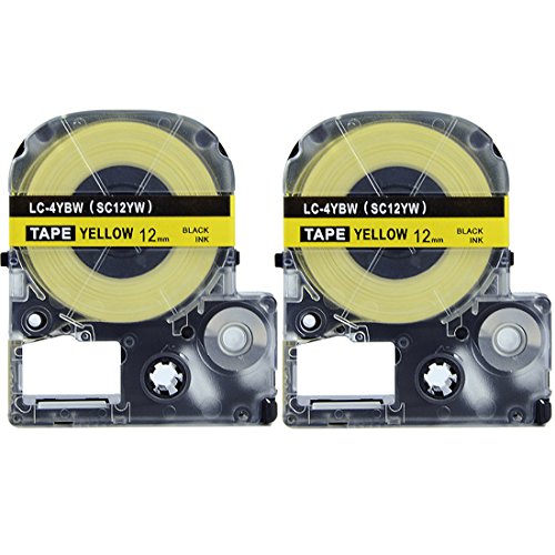 Absonic Tape Cassette Replacement for EPSON LW-300 LW-400 LW-500 LW-600P LM-700 LW-900P LW-1000P Label Maker LC-4YBW9 (1/2" x 26', 12mm x 8m, Black on Yellow) - 2 Pack