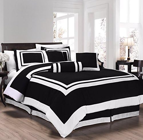 Chezmoi Collection 7 Pieces Caprice Black/White Square Pattern Hotel Bedding Comforter Set (King, Black/White)