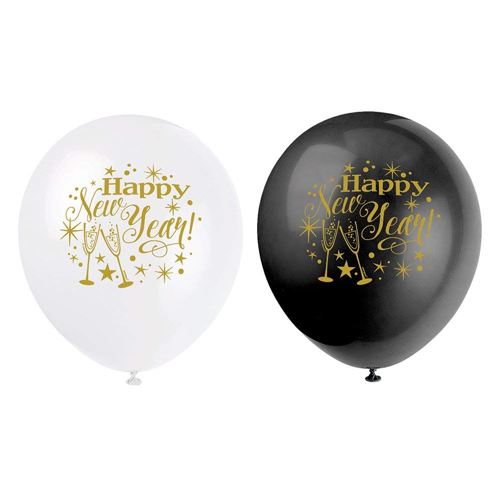 Unique Party 58066 - 12" Latex Glittering New Years Balloons, Pack of 8