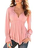 Fanala Women V Neck Long Flare Sleeve Elastic High Waist Ruffle Hem Shirt Blouse Top
