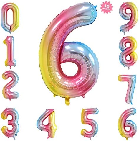 40 Inch Rainbow Jumbo Digital Number Balloons 6 Huge Giant Balloons Foil Mylar Number Balloons for Birthday Party,Wedding, Bridal Shower Engagement Photo Shoot, Anniversary
