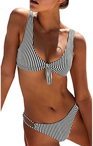 Balakie Bikini Set Women Sexy Two Piece Push-Up Padded Striped Swimwear Split Swimsuit Beachwear (S, White)
