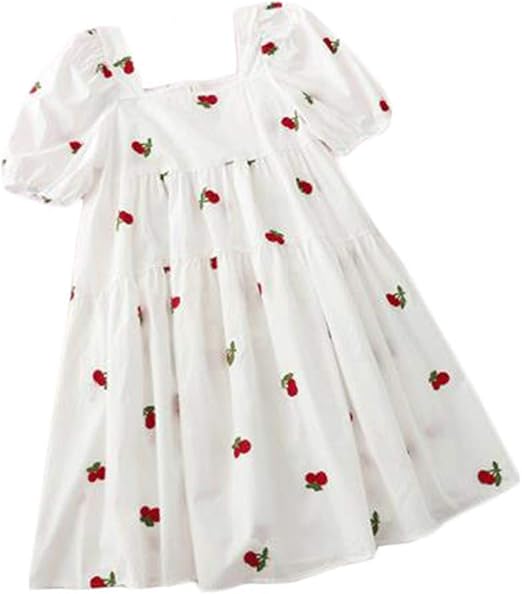 Amazon セイーワイ ヴィンテージ ホワイト 甘い 半袖 Vネック ワンピース フルーツ柄 プリントワンピース ハイウェスト レディース プリンセスワンピース ホワイト F ワンピース チュニック 通販