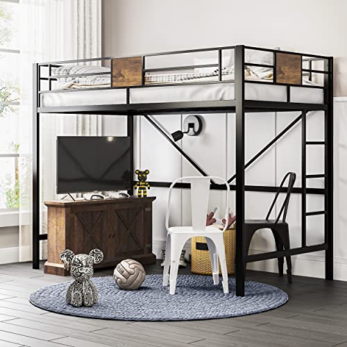 SHA CERLIN Loft Bed Twin Size with Ladder and Guardrail,Rustic Design,Metal Sla…