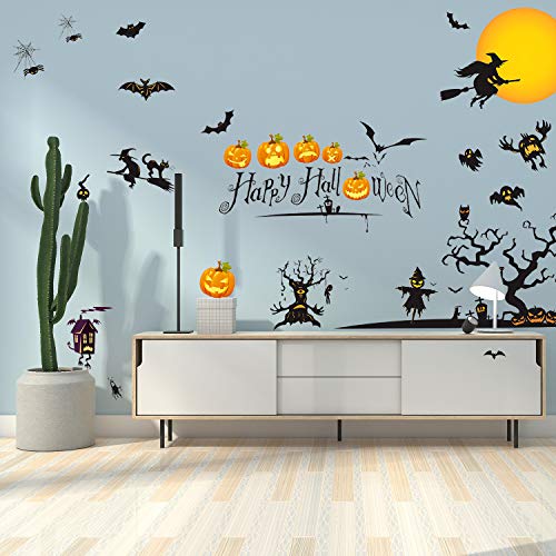 JVIGUE Happy Halloween Wall Decals Pumpkins Spooky Cemetery Witch and Bats Tomb Wall Stickers for Halloween Decoration