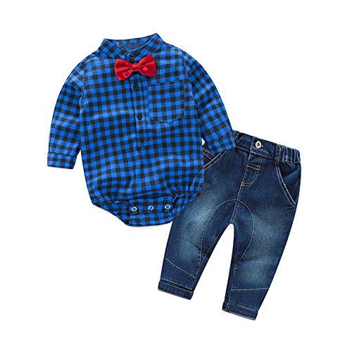 JIANLANPTT Baby Boys Gentleman Suit Plaid Bowtie Romper Shirt Denim Pants Set