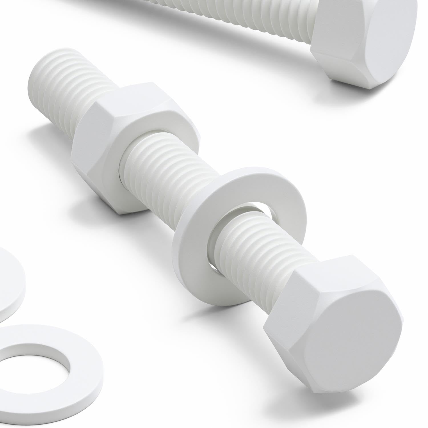 10x White Hex Head Screws Polypropylene (PP) Plastic Nuts and Bolts, Washers, M10 x 70mm,