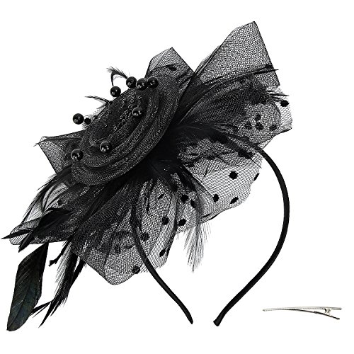 Acecharming Fascinators for Women, Feather Sinamay Fascinators with Headbands Tea Party Pillbox Hat Flower Derby Hats(Black-Pearl)