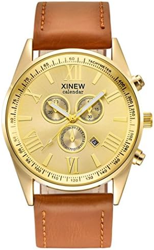Clearance Watch Sunday77 Men's Date Multi-Function Chronograph Engraving Dial Buckle Quartz Number Skeleton with Steel Stainless Bracelet Sport Business Adult (Brown*)