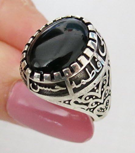 Handmade Shia Yemeni Aqeeq Ahlulbayt 925 Sterling Silver Panjtan Islam Black Agate Ring Size U.S 10