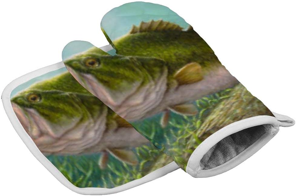 Tamengi Bass Fish Oven Mitt and Pot Holder Set, Heat Resistant Oven Mitts Non Slip Pot Holders, Kitchen Microwave Gloves for Baking Cooking Grilling BBQ