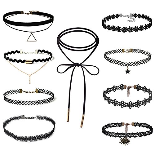 Fanmaous 9 Pcs Choker Necklace Black Velvet Choker Set Necklaces,Black