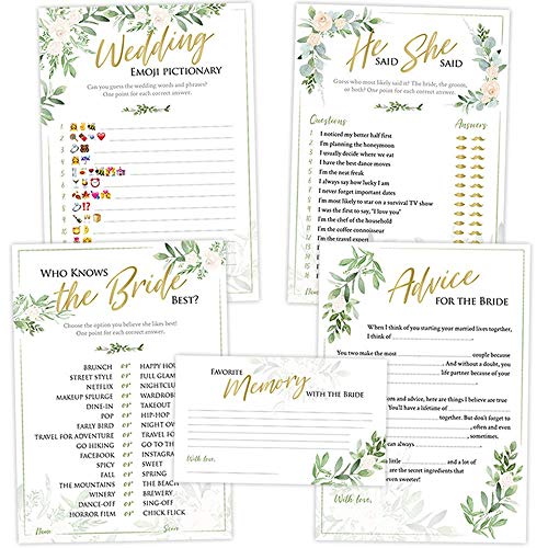 Bridal Shower Games (Set of 5 Activities for 50 Guests) - 5x7 Cards, Floral Rustic Greenery Theme - Includes Marriage Advice Cards, Bridal Emoji - Wedding Shower Decorations Favors Party Supplies (The Best Bridal Shower Games)