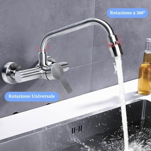 FALSKT Wall Mounted Kitchen Tap 360° Swivel Stainless Steel Kitchen Tap Wall Mixer Cold and Hot Water Outlet Can Rotate for Kitchen, Bathroom, Garden (Silver)