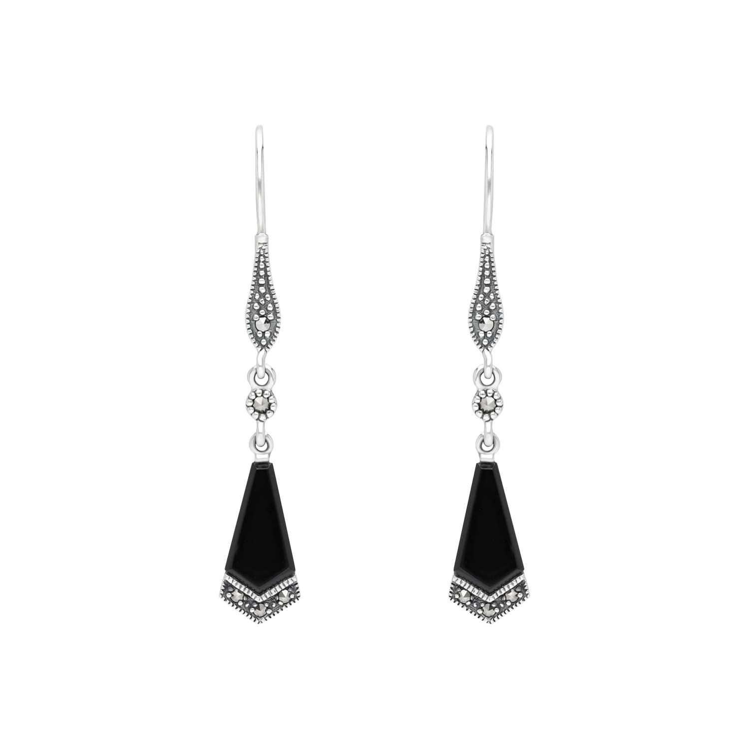 Esse Marcasite Sterling Silver Art Deco Kite Shaped Black Onyx with Marcasite Detail Dangle Earrings