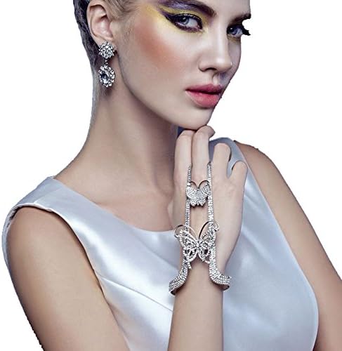 Queenco Women Open Cuff Rhinestone Bracelet Armband with 2 Butterflies(Silver Tone)