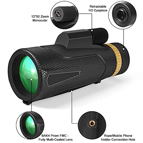 APLOS 12x50 Monocular Telescope with Quick Holder for Smartphone, Low Night Vision Waterproof Fog Cosmic Scope Monoculars for Adults Kids, BAK4 Prism for Bird Watching Hunting, Camping, Hiking