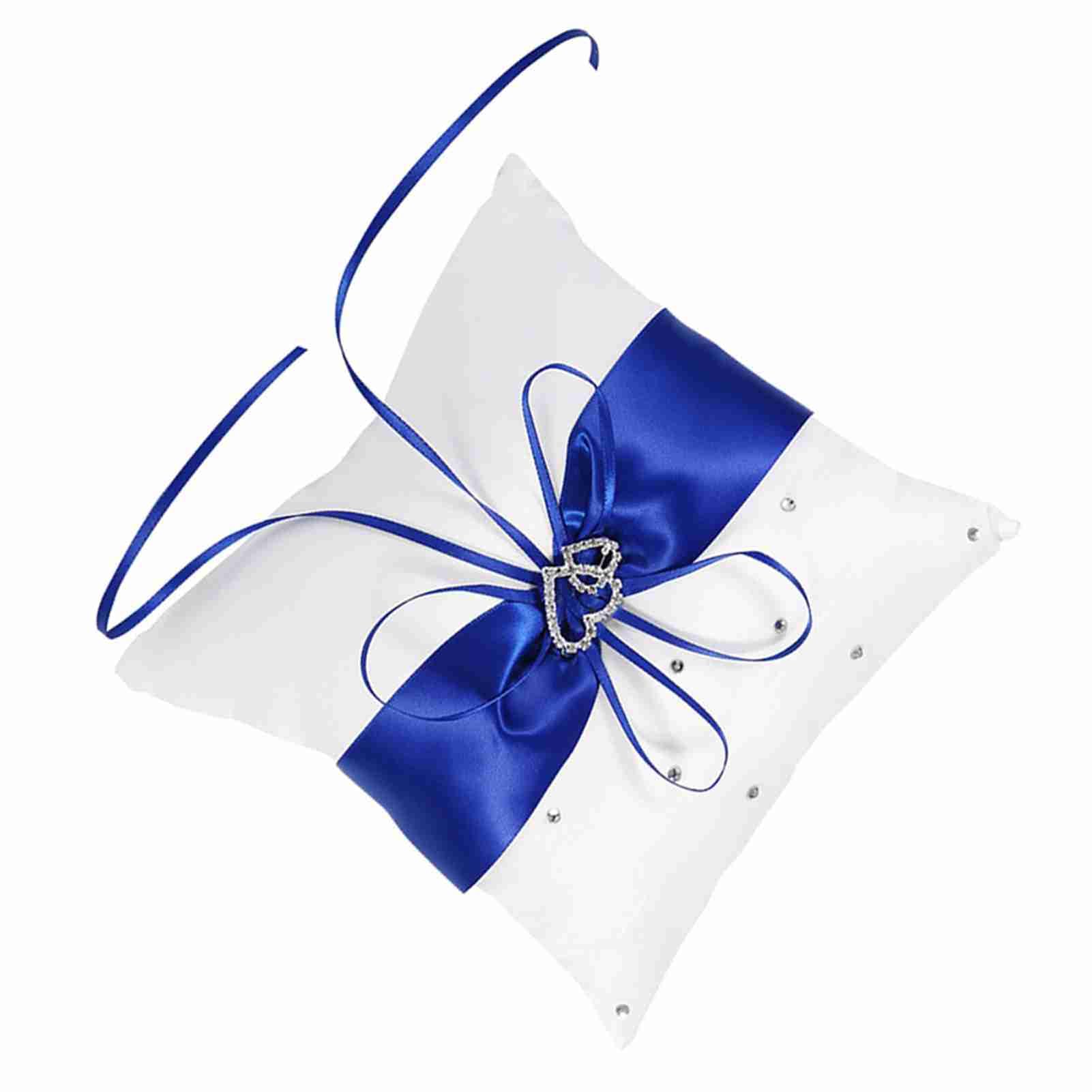 Zerodis Wedding Pillow Romantic Cushion with Bowknot Double Heart Rhinestone Decorative Ribbon Bearer for Ceremony Party Home Decor Blue
