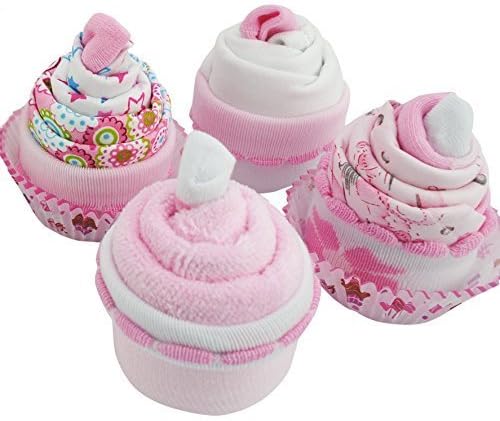 Baby Shower Gifts – Cupcake Set with Face Cloth, Baby Girl Socks, New Baby Clothes and a Bandana Bib for New Born Baby Girl