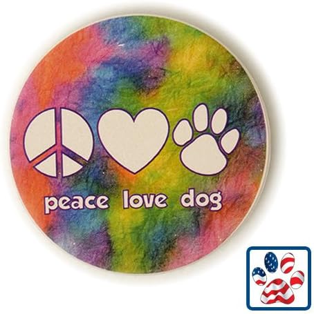 Peace Love Dog Absorbent Stone Auto Coaster - 2.5" With Divot on Side for Easy Removal