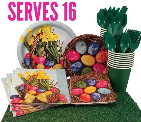 Easter Paper Plates and Napkins Set Serves 16 with Cups, Utensils and Tablecloth Be Ready for Easter on April 1, 2018 (Easter Basket)