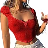 Women Sexy Crop Top Sexy Button Front Low Square Neck Slim Fit Shirt Summer See Through Short Sleeve Going Out Tee