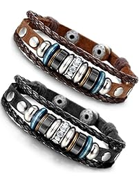 Besteel Vintage Genuine Leather Bracelet for Men CZ Brown Adjustable Bangle Braided Bracelet, 7.3-8.5 inches