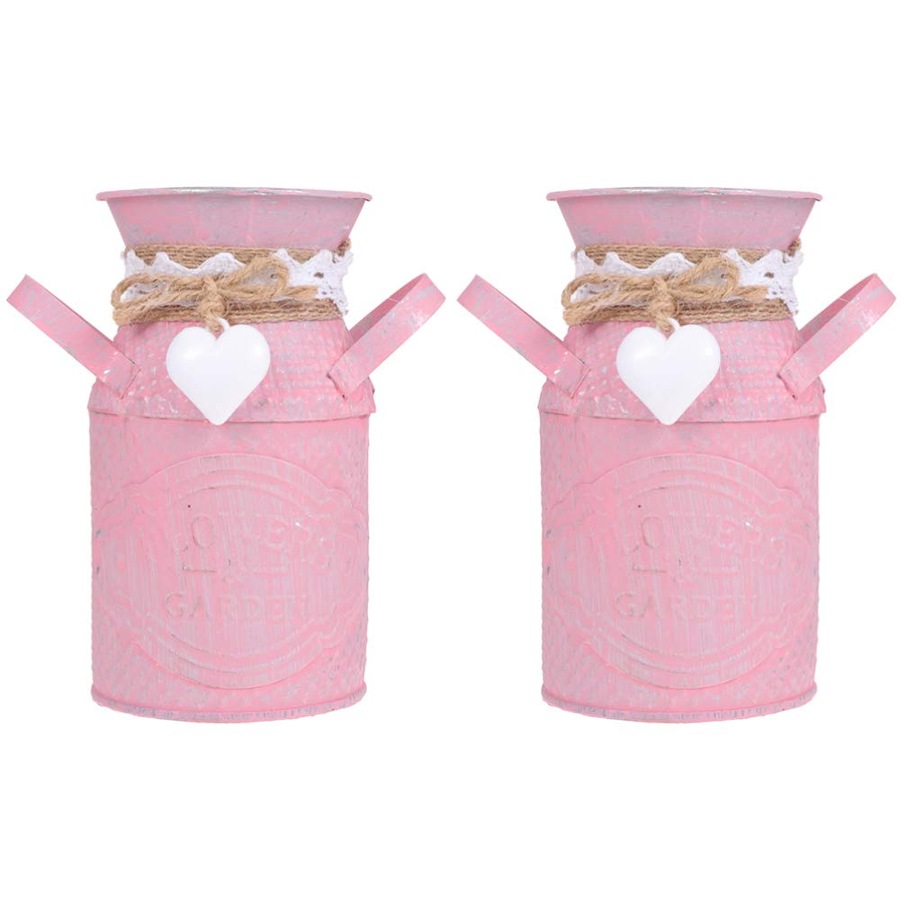 TOPBATHY 2pcs Farmhouse Milk Can Jug Vase Retro French Metal Pitcher with Handlel Flower Holder Vase Plant Bucket Rustic Flower Bucket Farmhouse Decorative Vases for Home Pink