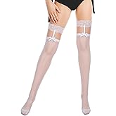 APLZGMG Lace Thigh High Stockings for Women Sexy, Bow Lace Top Sheer Stocking, Sexy Bow Suspenders Pantyhose for Halloween Christmas Party Clothing (White)
