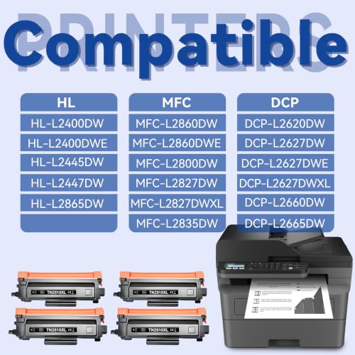 Lemero TN2510 TN2510XL Toner Compatible with Brother MFC-l2827dw Toner HL-L2400DWE MFC-L2800DW MFC-L2835DW MFC-L2860DW HL-L2445DW DCP-L2660DW DCP-L2627DW HL-L2400DW (Pack of 4) Black with Chip