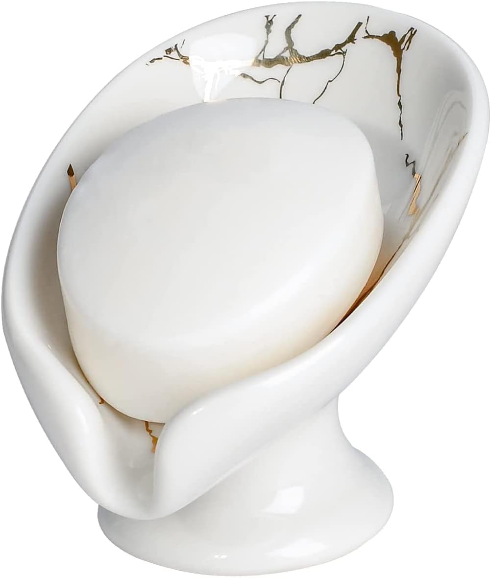 Ceramic Soap Dish Holder,Self Draining Soap Holder, Leaf-shape Easy Cleaning Soap dish Tray,Suitable for bathroom,Kitchen,Shower (White)