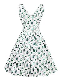 Wellwits Vestido de mujer con estampado de cactus, cuello en V, primavera, verano, vintage, años 60 y 70