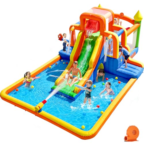 HuaKastro Giant Water Slide & Bounce House for Big Kids, 3 Climbing Routes Race to the Tall Slide, Dry Jumping Area, 4-Sprayer Water Fun and Big Splash Pool, Backyard Waterpark for Kids Party