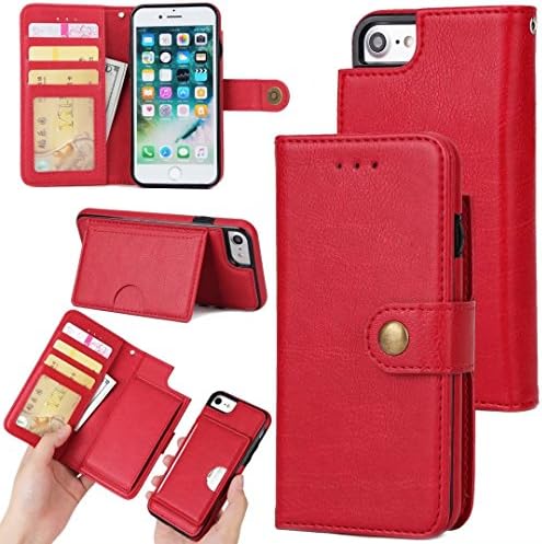 iPhone7 Detachable Case,Zmiq Removable Wallet Phone Case,Double Layer Shock Absorbing Premium Soft PU Color Matching Leather Wallet Cover Flip Cases For iPhone7 iPhone8 (Iphone7 Red EHY)