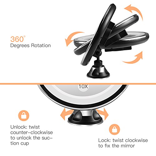 BESTOPE Makeup Mirror 10x Magnifying 16 Led Vanity Mirror with 360°Rotation Locking Suction, Battery Operated, Cordless Portable Natural Dimmable Bathroom Mirror