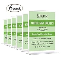 VALUEROSE Acrylic Sign Holder 8.5 x 11, Plastic Paper Display Stand, Menu Brochure Flyer Stand, Clear Document Holder, Table Top Double Sided Picture Frame (6 Pack)