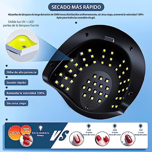 Lámpara de Uñas, UV/LED Secador de Uñas de 280W, 66 luces Fototerapia de Uñas Máquina con 4 Ajustes de Temporizador y Pantalla LCD, con Sensor Automático, lámpara de gel de curado portátil más rápido