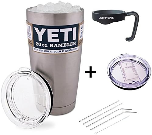 Yeti Rambler Tumbler Bundle With Drink Accessory Kit Gift Set - Non Slip Grip Handle, No More Spills Slider Lid, 4 Stainless Steel Straws and Cleaning Brush. Drinking Accessories Also Fit RTIC Rambler