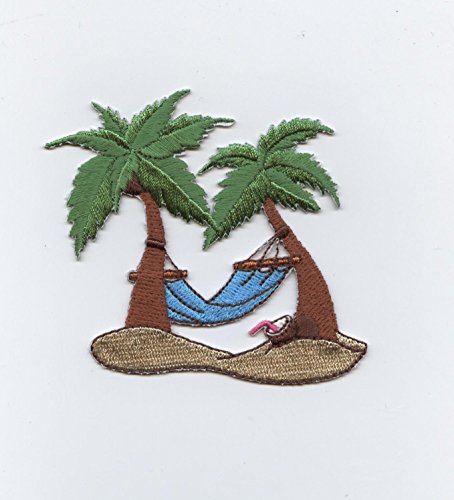 Blue Palm Tree and Hammock Iron On Embroidered Applique Patch