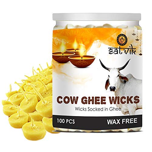 SATVIK 100 Pc Pure Cow Ghee Wicks for Puja (Upto 30 Mins) Pooja Home and Mandir. Nitya Pujan Readymade Ghee Jyot Jyoti Pujan Indian Housewarming Return Gift Items Accessories. Diwali Cotton Wicks