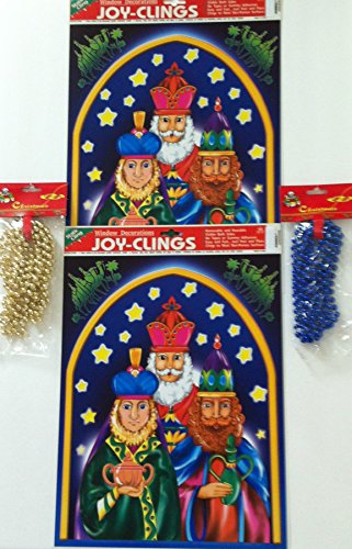 Bundle Of 4 Christmas Decorations 2 Three Wise Men Window Clings 2 Bead Garlands 1 Blue 1 Gold