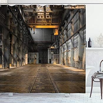 Ambesonne Industrial Shower Curtain, Industrial Interior of Old Factory Building Construction Spooky Warehouse, Cloth Fabric Bathroom Decor Set with Hooks, 75