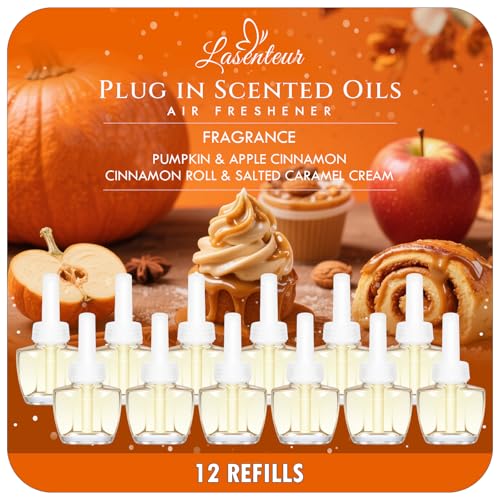 Plug-In Air Freshener Refills 12 Pack – Pumpkin, Apple Cinnamon, Cinnamon Roll & Salted Caramel Cream Scents – Adjustable Fragrance for Rooms & Bathrooms – Compatible with Air Wick & Glade