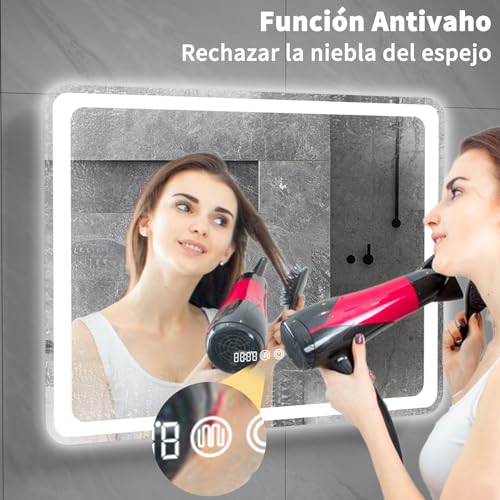 HALMAN Espejo Led para Baño,80 * 61CM Espejos de Pared Rectangular, Espejo Sin Marco con Iluminación de 3 Colores, Antivaho, Brillo Ajustable, Pantalla de Tiempo y Temperatura, Colgante Horizontal