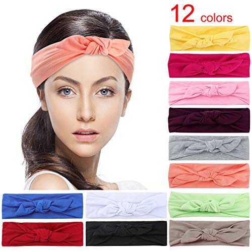 Headbands for Women 12 Pack Solid Color Rabbit Ear Headbands Elastic Hair Wraps Stretchy Hair Accessories