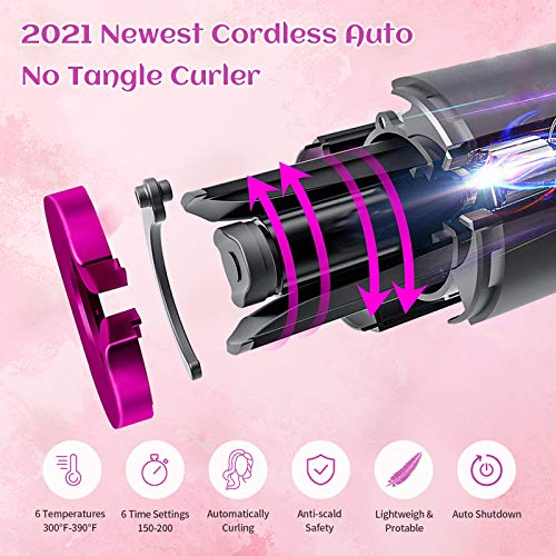 SULELA Cordless Hair Curler, Automatic Curling Iron with 6 Temperature Auto Rotating Ceramic Barrel Hair Curler Fast Heating, Portable USB Rechargeable Beach Waves Curling Iron Wand No Skills Required