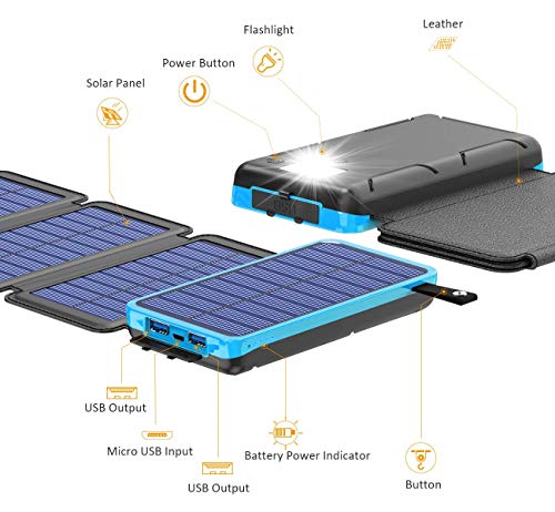 Solar Power Bank 25000mAh High Capacity USB External Battery Pack Backup Battery Power Pack with 4 Foldable Solar Charging Panels, Dual 2.1A Output Ports, Flashlight for iPhone Android Cellphones