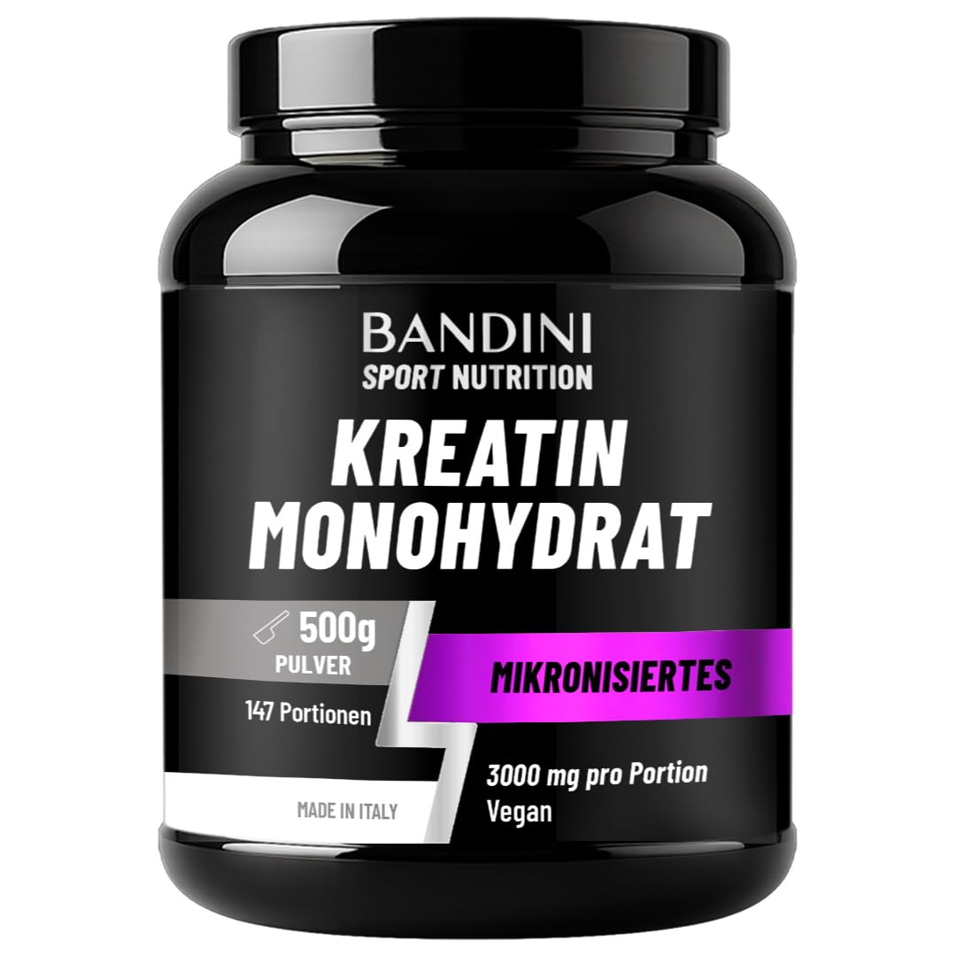 Bandini® Creatin Monohydrat 500g Pulver, ultrafein und perfekt löslich - Reines Kreatin optimal hochdosiert - Ideal für Fitness, Training & Gym – 147 Portionen - Creatine Monohydrate Powder 100% vegan